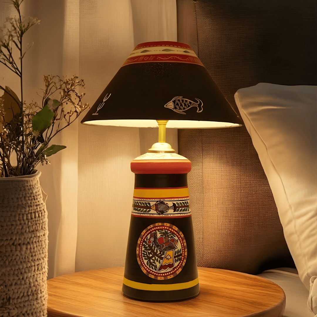 Folk Art Handcrafted Table Lamp – Minimal Elegance with Cultural Charm - Memories InsiteFOLK ART LAMP - ( BLACK )